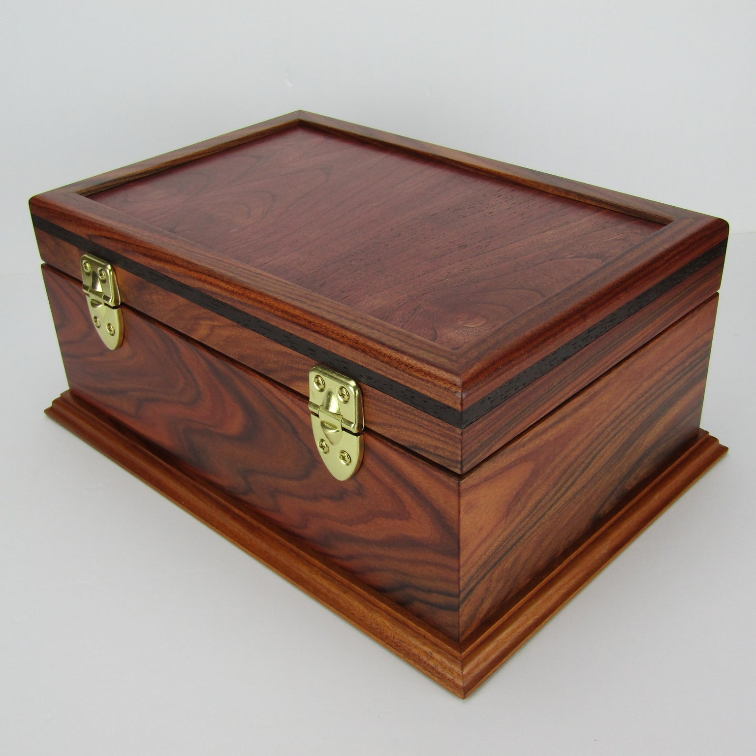 >Back view of handmade wood jewelry box crafted from Bolivian rosewood, wenge, and cherry veneer by A Finer Cut Woodworking.