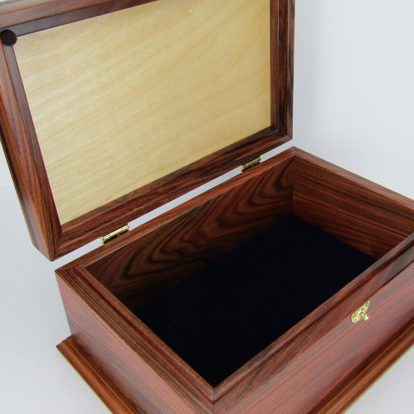 >Interior view of handmade wood jewelry box crafted from Bolivian rosewood, wenge, and cherry veneer by A Finer Cut Woodworking.