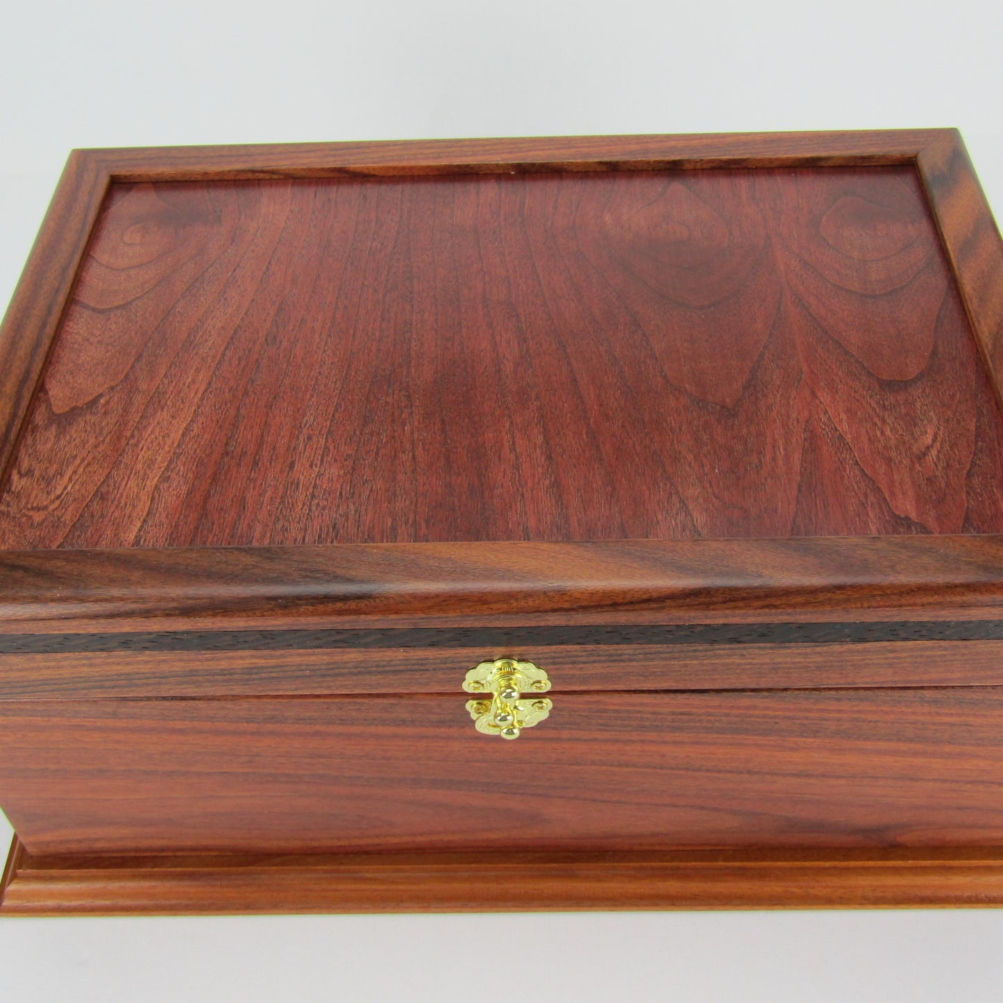>Top view of handmade wood jewelry box crafted from Bolivian rosewood, wenge, and cherry veneer by A Finer Cut Woodworking.