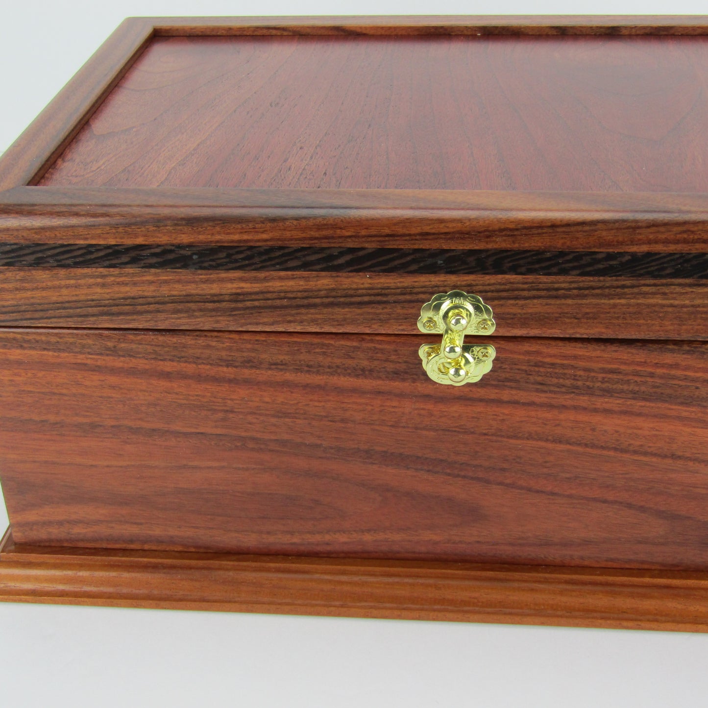 >Inlays on handmade wood jewelry box crafted from Bolivian rosewood, wenge, and cherry veneer by A Finer Cut Woodworking.