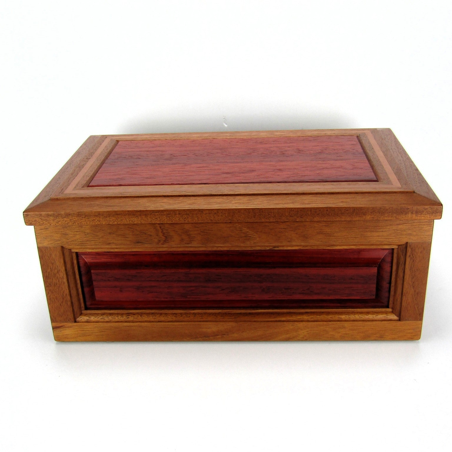 Front view of handmade wooden box crafted from Honduran mahogany, padauk and pear wood by A Finer Cut Woodwork.