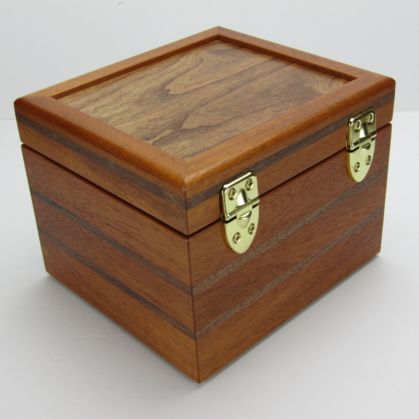 Back view of keepsake memory box handmade from mahogany, walnut, and dark finished cherry veneer by A Finer Cut Woodworking.