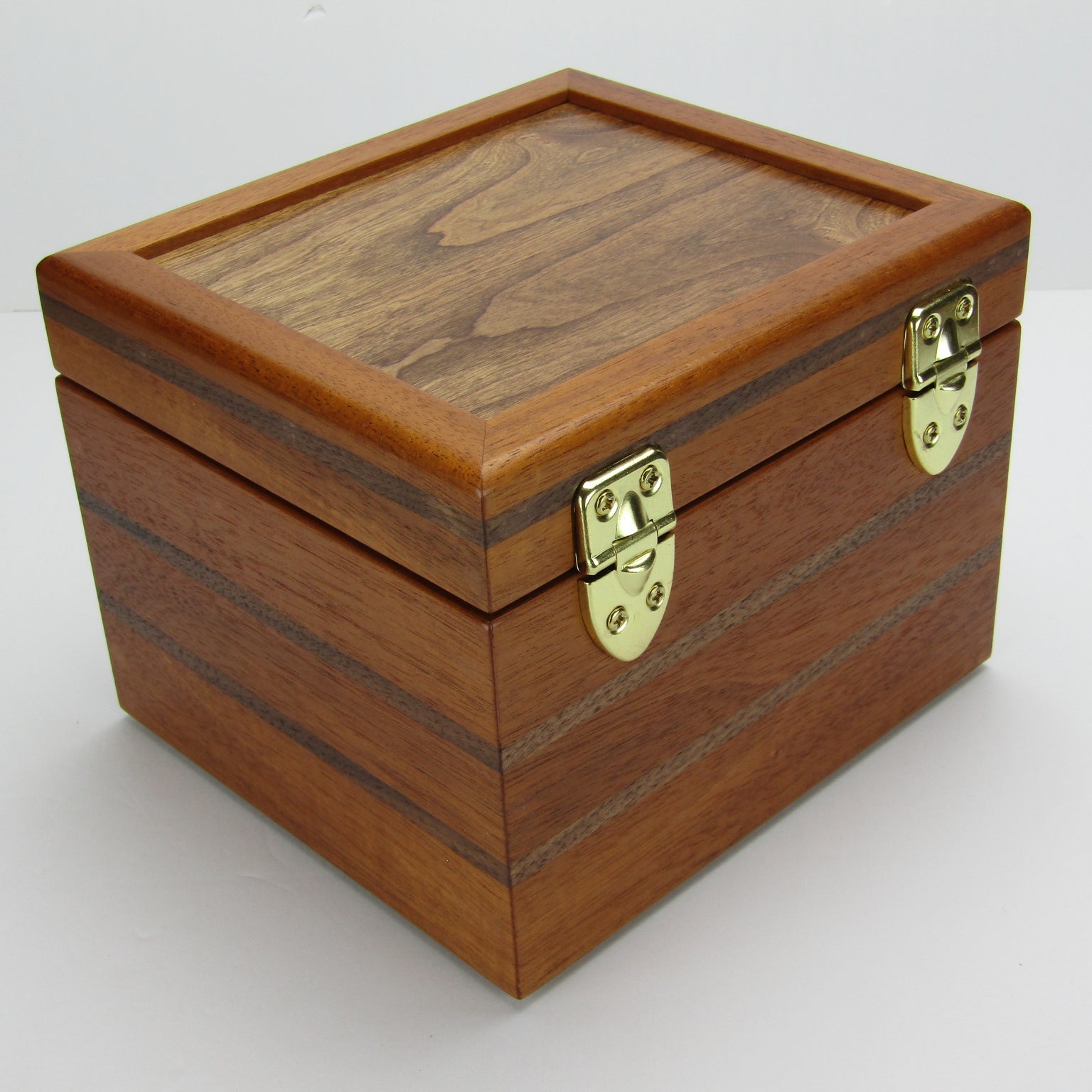 Back view of keepsake memory box handmade from mahogany, walnut, and dark finished cherry veneer by A Finer Cut Woodworking.