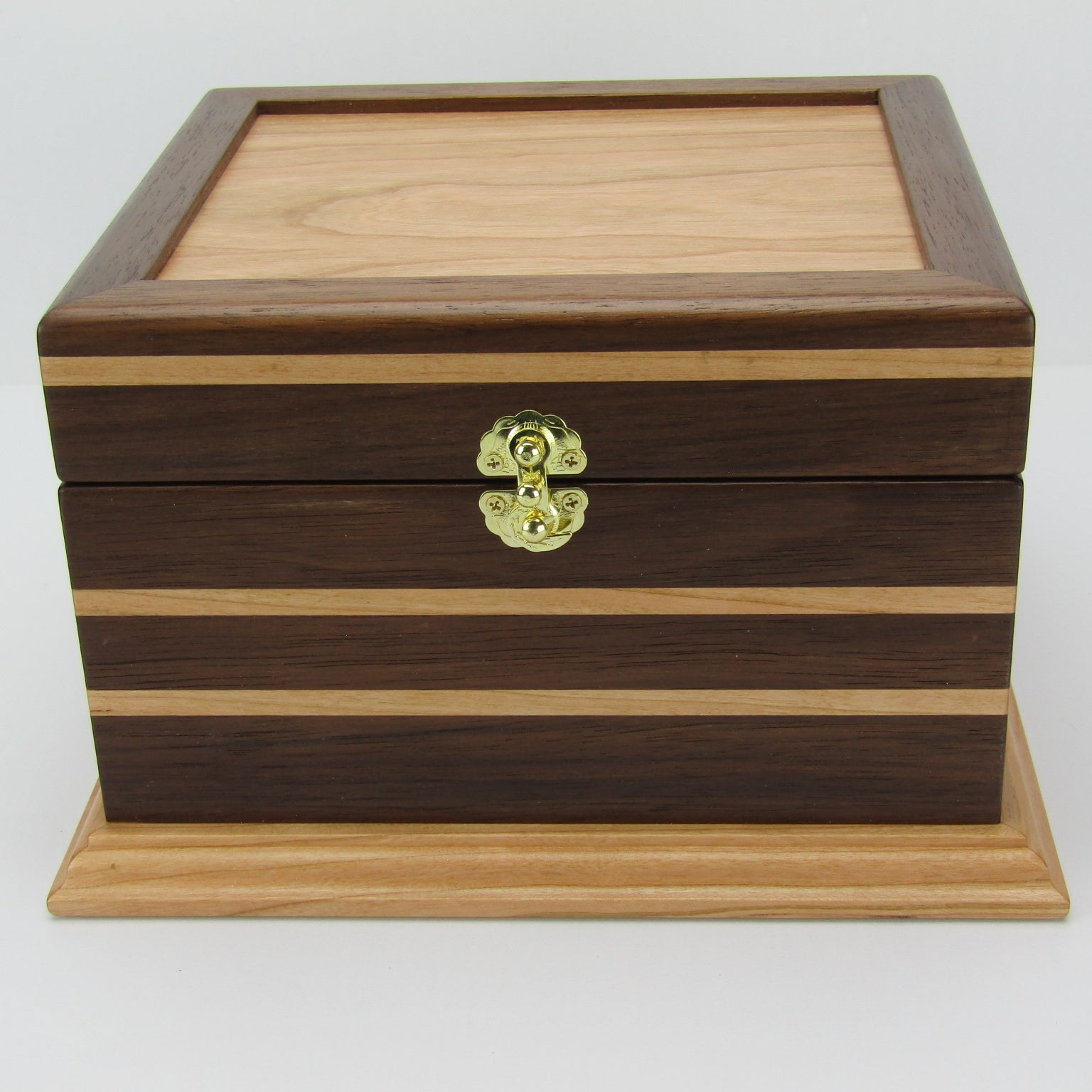 Front view of keepsake memory box handmade from Peruvian walnut and cherry by A Finer Cut Woodwork.
