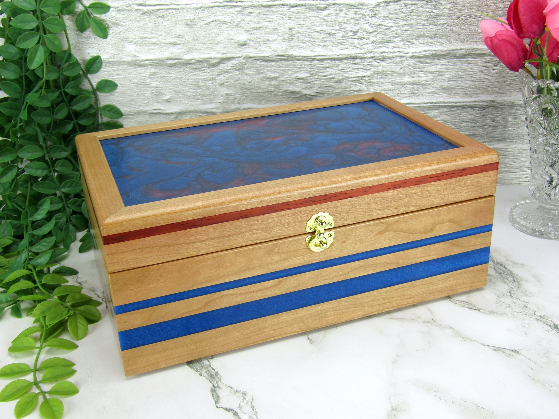 Thumbnail of keepsake memory box handmade from cherry wood with padauk and epoxy inlays by A Finer Cut Woodwork.