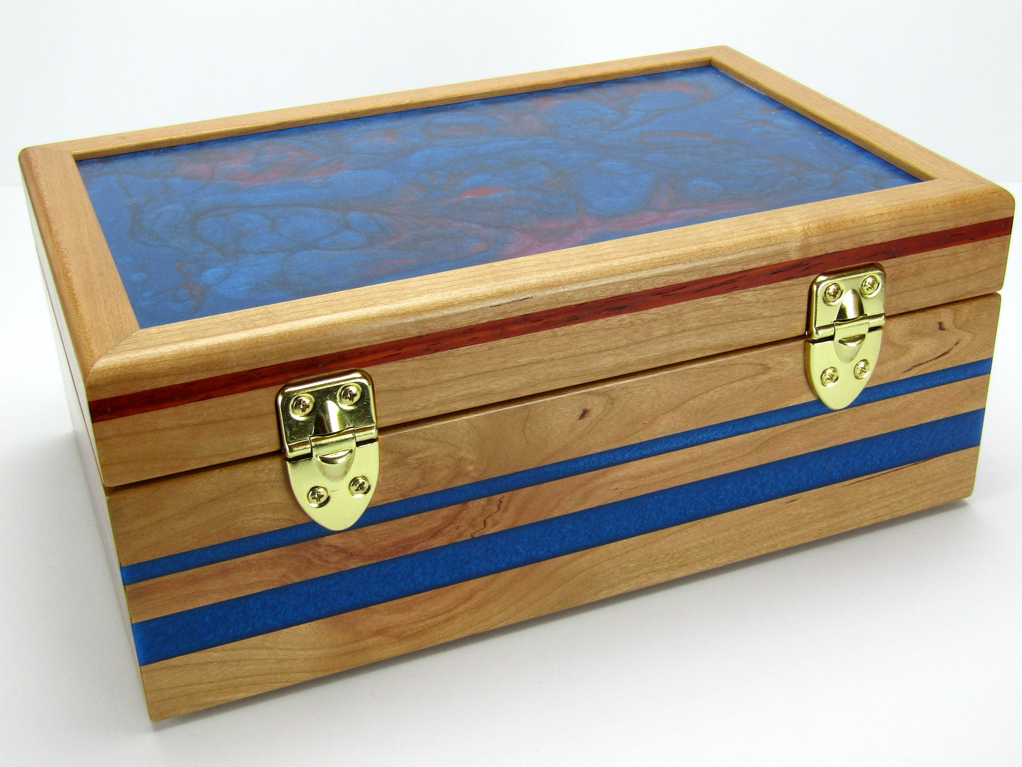 Back view of keepsake memory box handmade from cherry wood with padauk and epoxy inlays by A Finer Cut Woodwork.