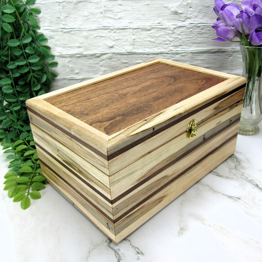 Thumbnail of large keepsake box handmade from ambrosia maple and walnut by A Finer Cut Woodworking.