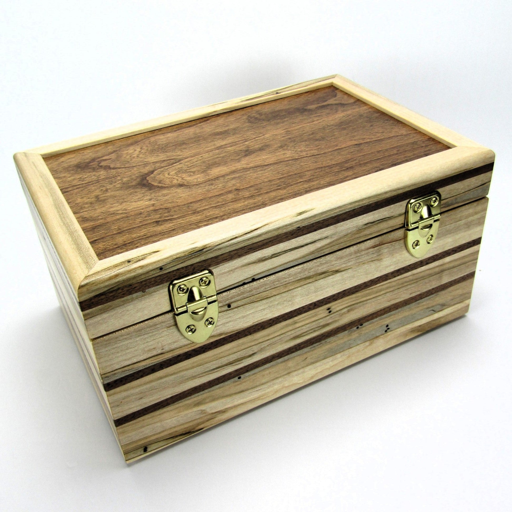 Back view of large keepsake box handmade from ambrosia maple and walnut by A Finer Cut Woodworking.