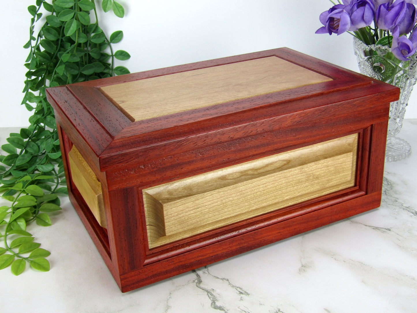 Thumbnail of large keepsake box with raised panels handcrafted from padauk and cherry wood by A Finer Cut.