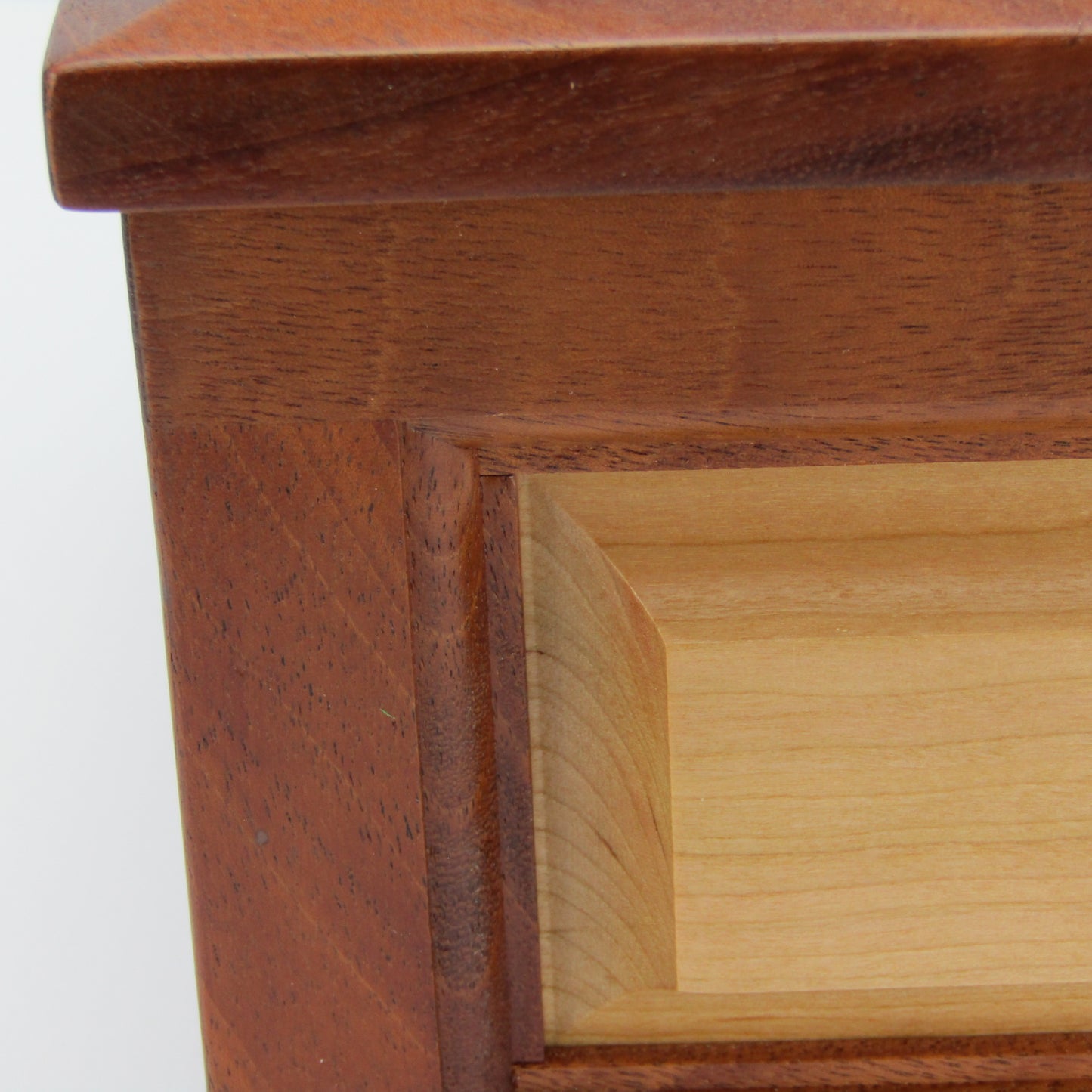 Panel detail on large keepsake box handmade from Honduran mahogany and cherry by A Finer Cut Woodworking