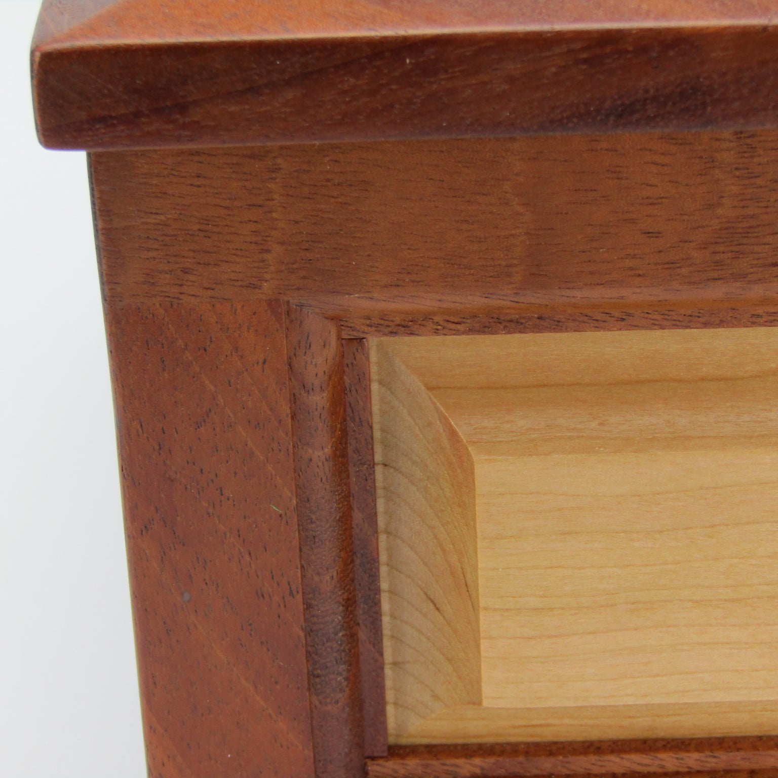 Panel detail on large keepsake box handmade from Honduran mahogany and cherry by A Finer Cut Woodworking