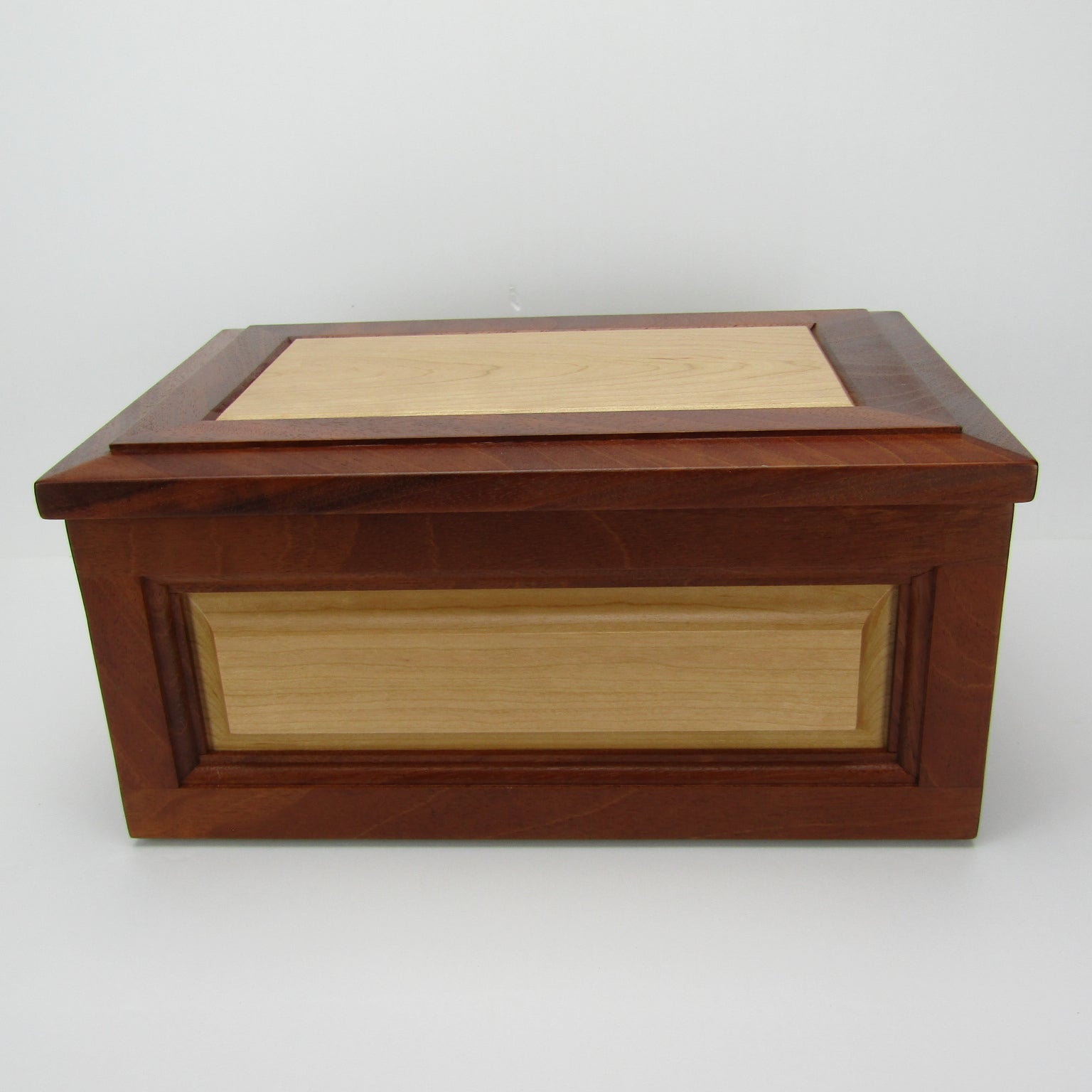 Front view of large keepsake box handmade from Honduran mahogany and cherry by A Finer Cut Woodworking