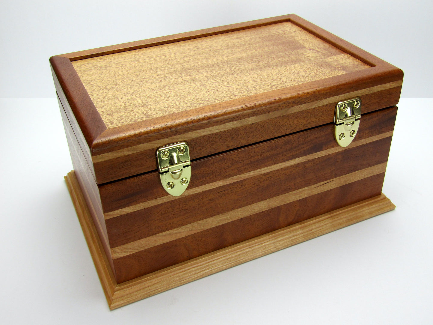 Back view of large keepsake box handmade from Honduran mahogany and cherry wood by A Finer Cut Woodworking.