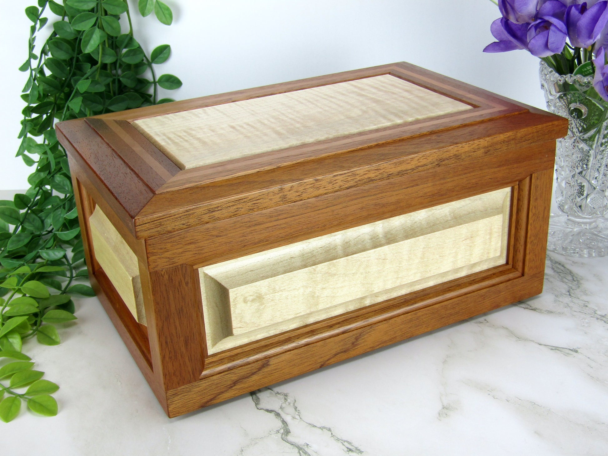 Thumbnail of large keepsake box handmade from Honduran mahogany, curly maple and pear wood by A Finer Cut Wood.