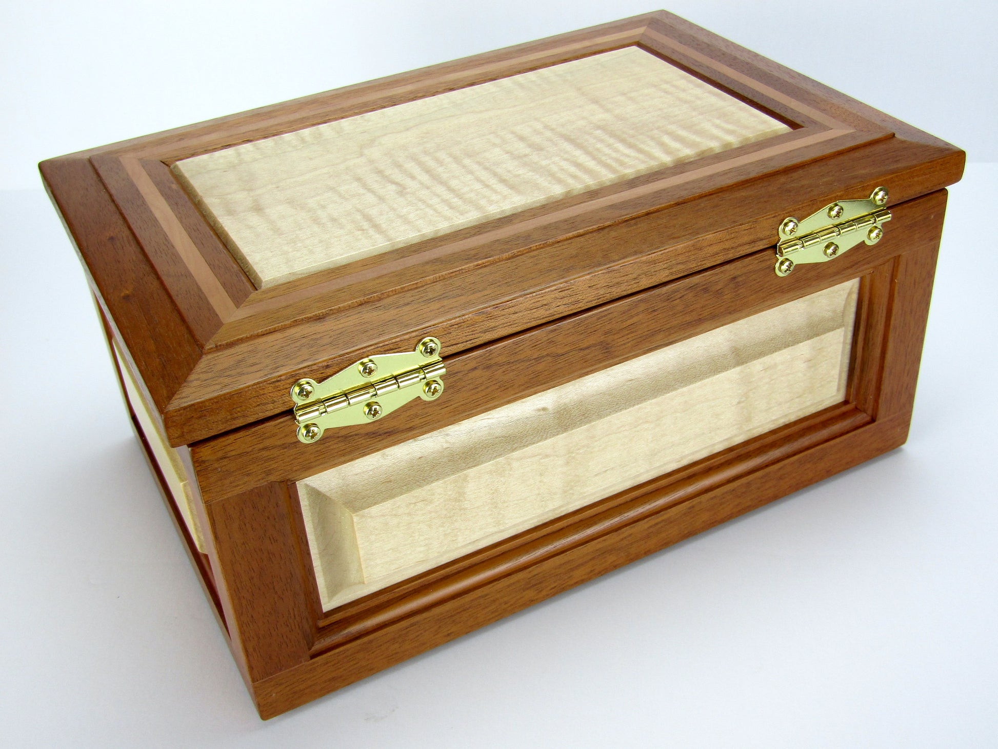 Back view of large keepsake box handmade from Honduran mahogany, curly maple and pear wood by A Finer Cut Wood.