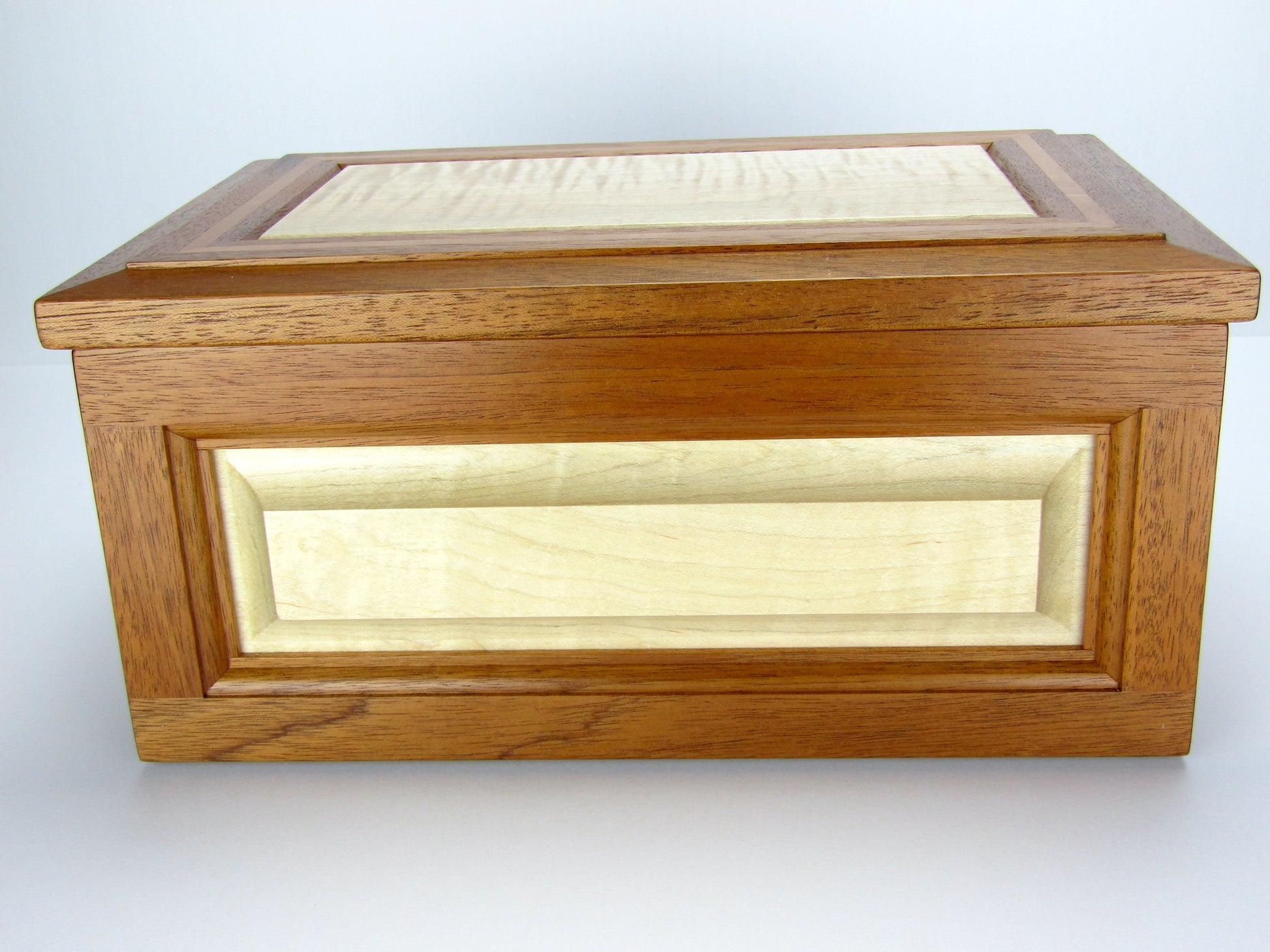 Front view of large keepsake box handmade from Honduran mahogany, curly maple and pear wood by A Finer Cut Wood.