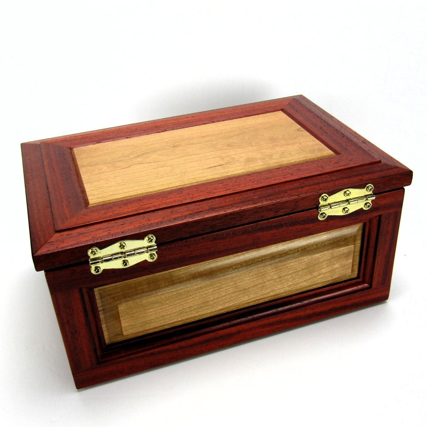 Back view of large keepsake box with raised panels handcrafted from padauk and cherry wood by A Finer Cut.