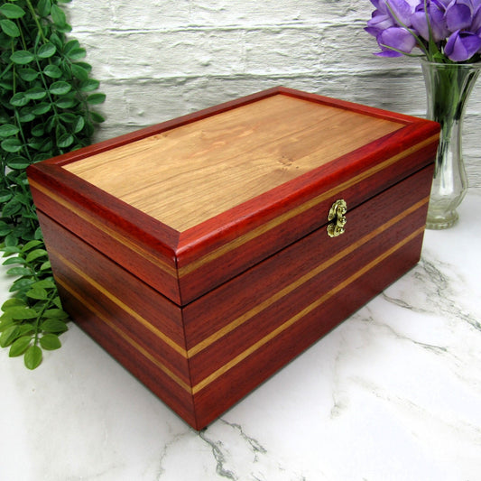 Thumbnail of large memory box handmade from padauk and canary wood by A Finer Cut Woodworking.