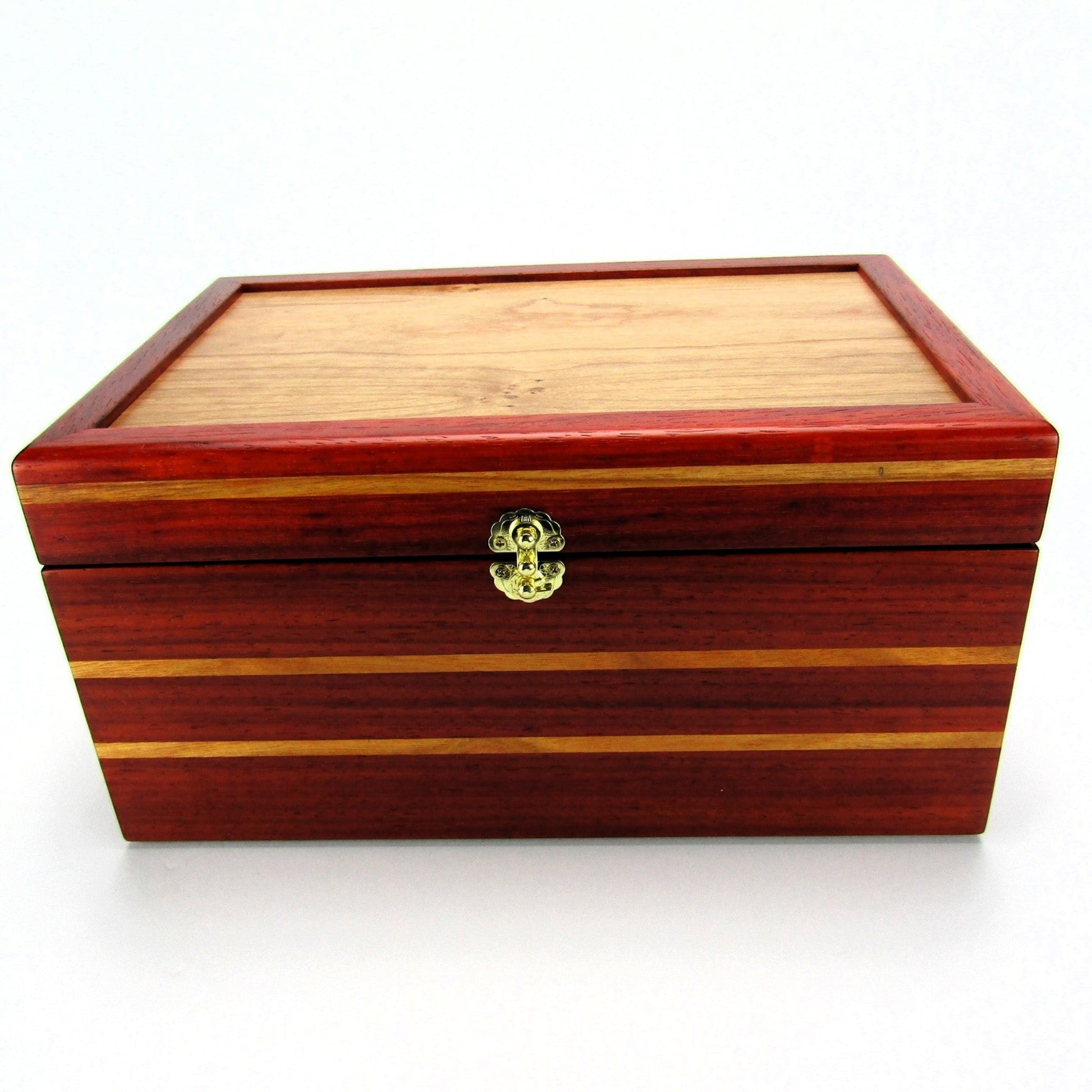 Front view of large memory box handmade from padauk and canary wood by A Finer Cut Woodworking.