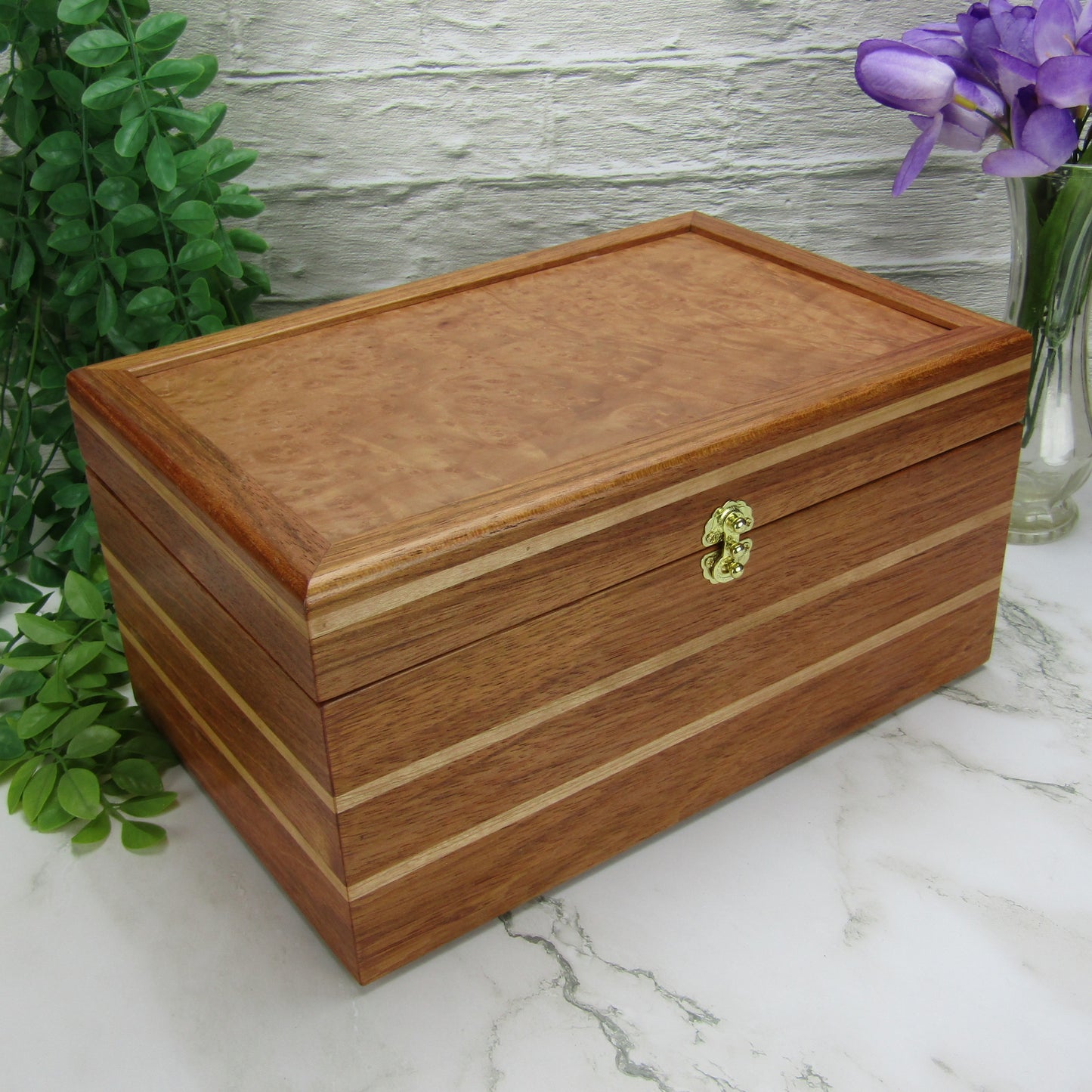 Thumbnail of large memory box handmade from Brazilian cherry and maple burl veneer by A Finer Cut Woodworking.
