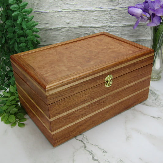 Thumbnail of large memory box handmade from Brazilian cherry and maple burl veneer by A Finer Cut Woodworking.