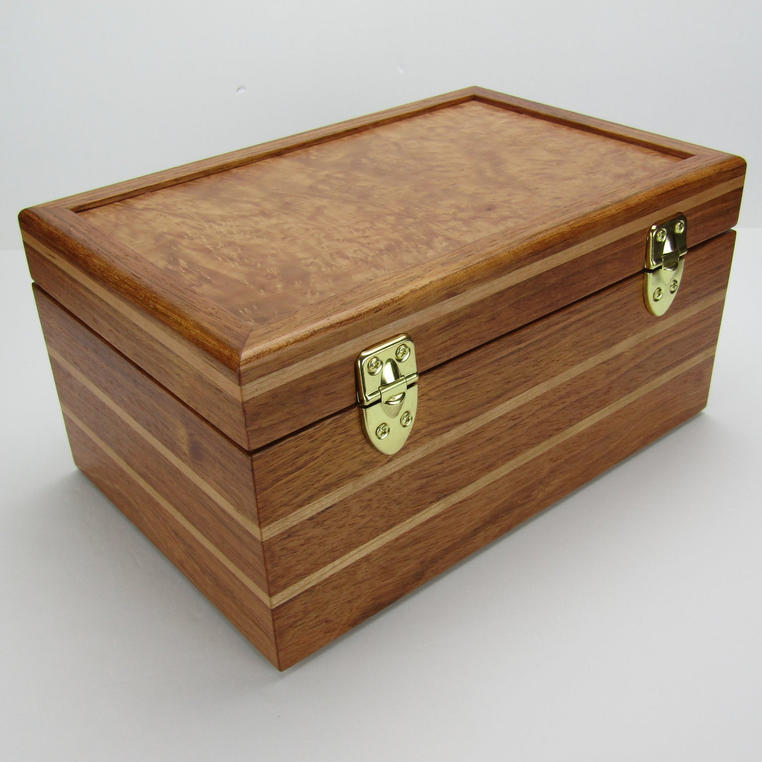 Back view of large memory box handmade from Brazilian cherry and maple burl veneer by A Finer Cut Woodworking.