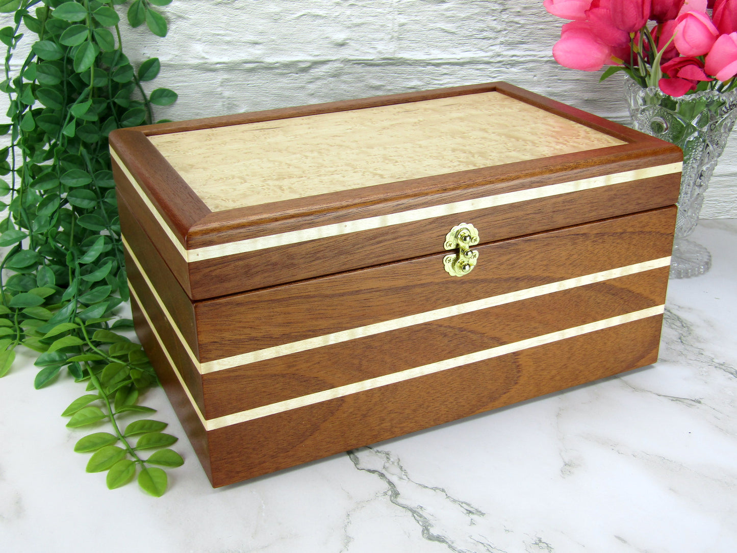 Thumbnail of large memory box handmade from Honduran mahogany with curly maple inlays by A Finer Cut Woodworking.