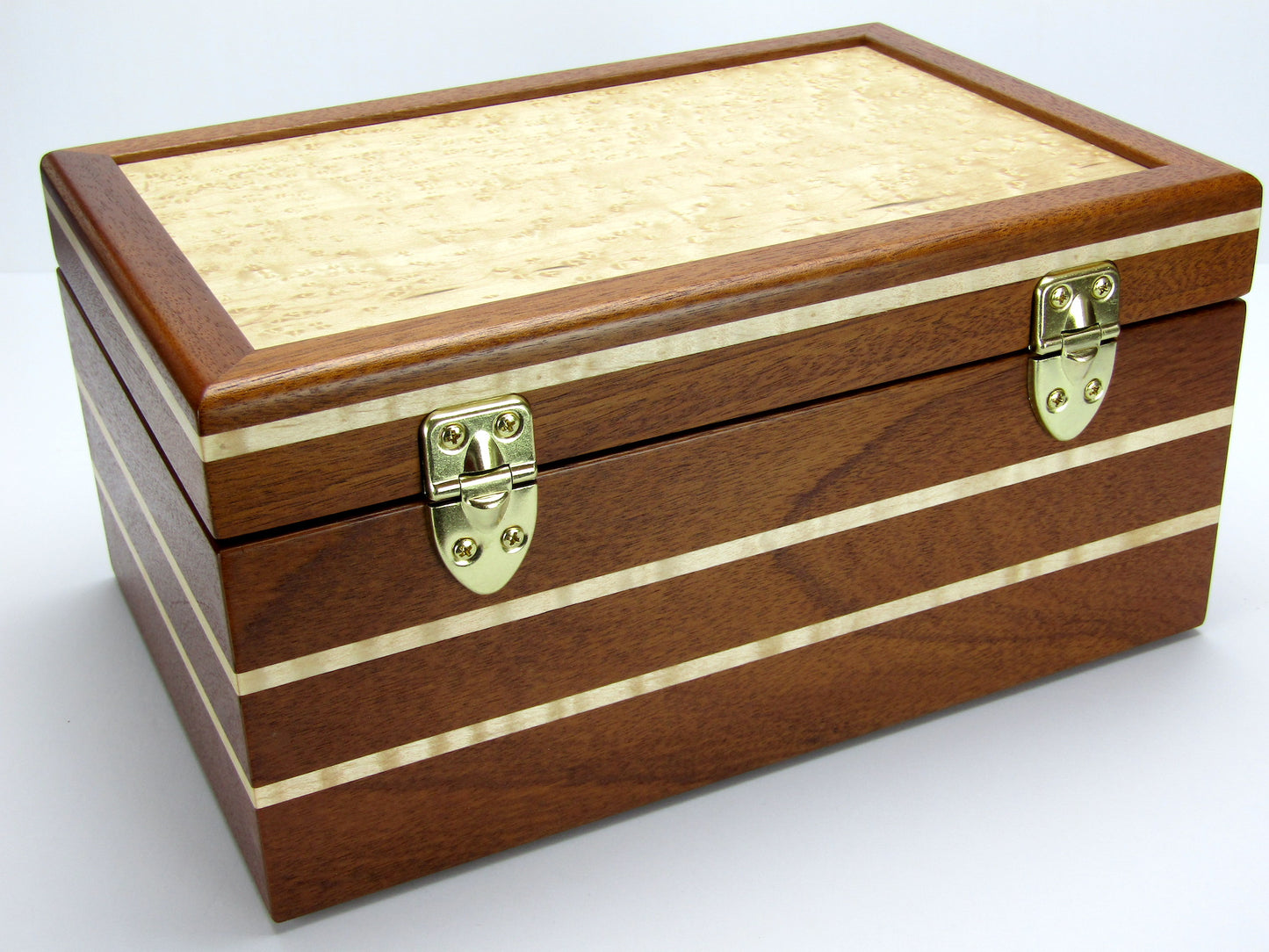 Back view of large memory box handmade from Honduran mahogany with curly maple inlays by A Finer Cut Woodworking.