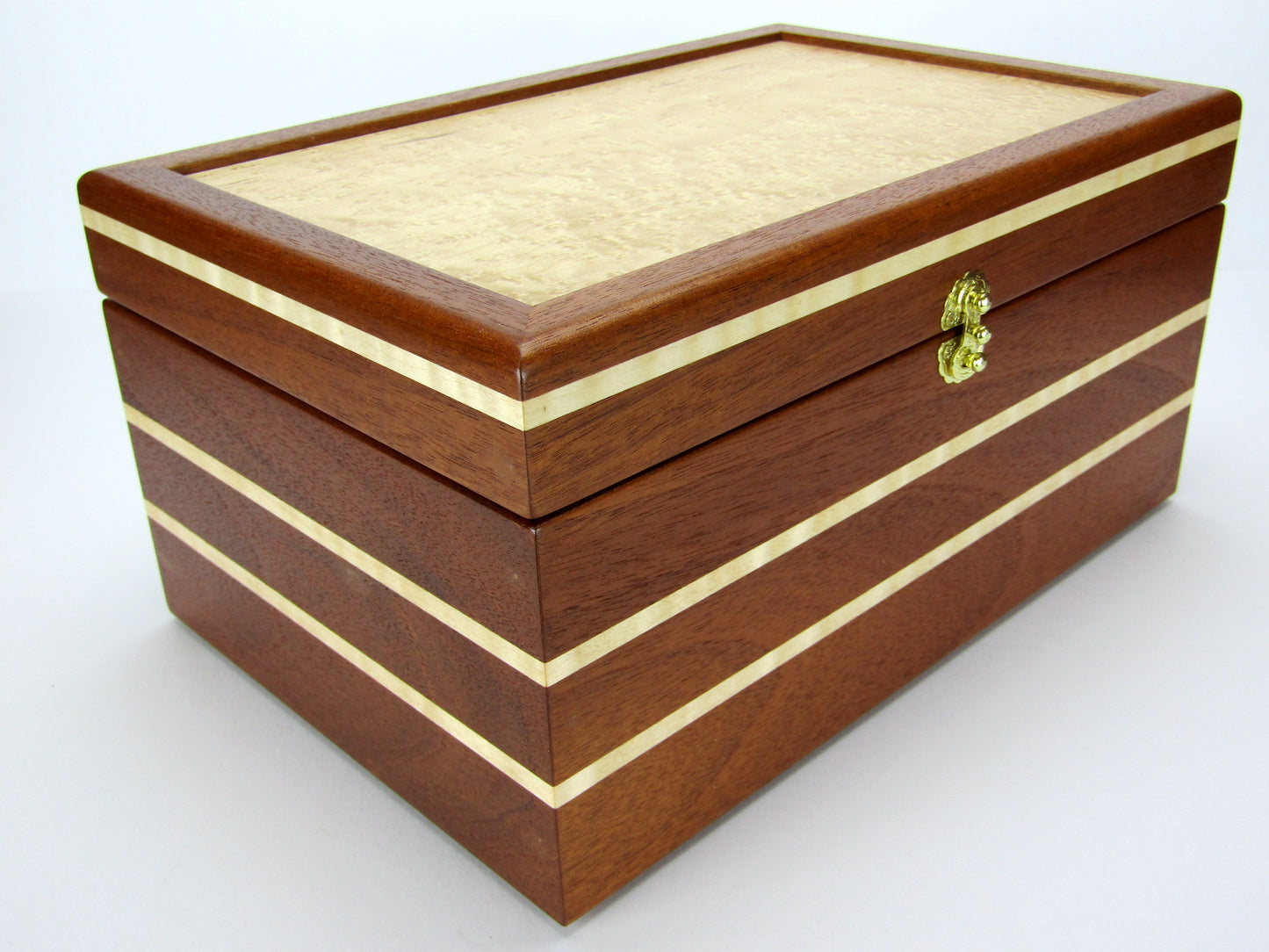 Front view of large memory box handmade from Honduran mahogany with curly maple inlays by A Finer Cut Woodworking.