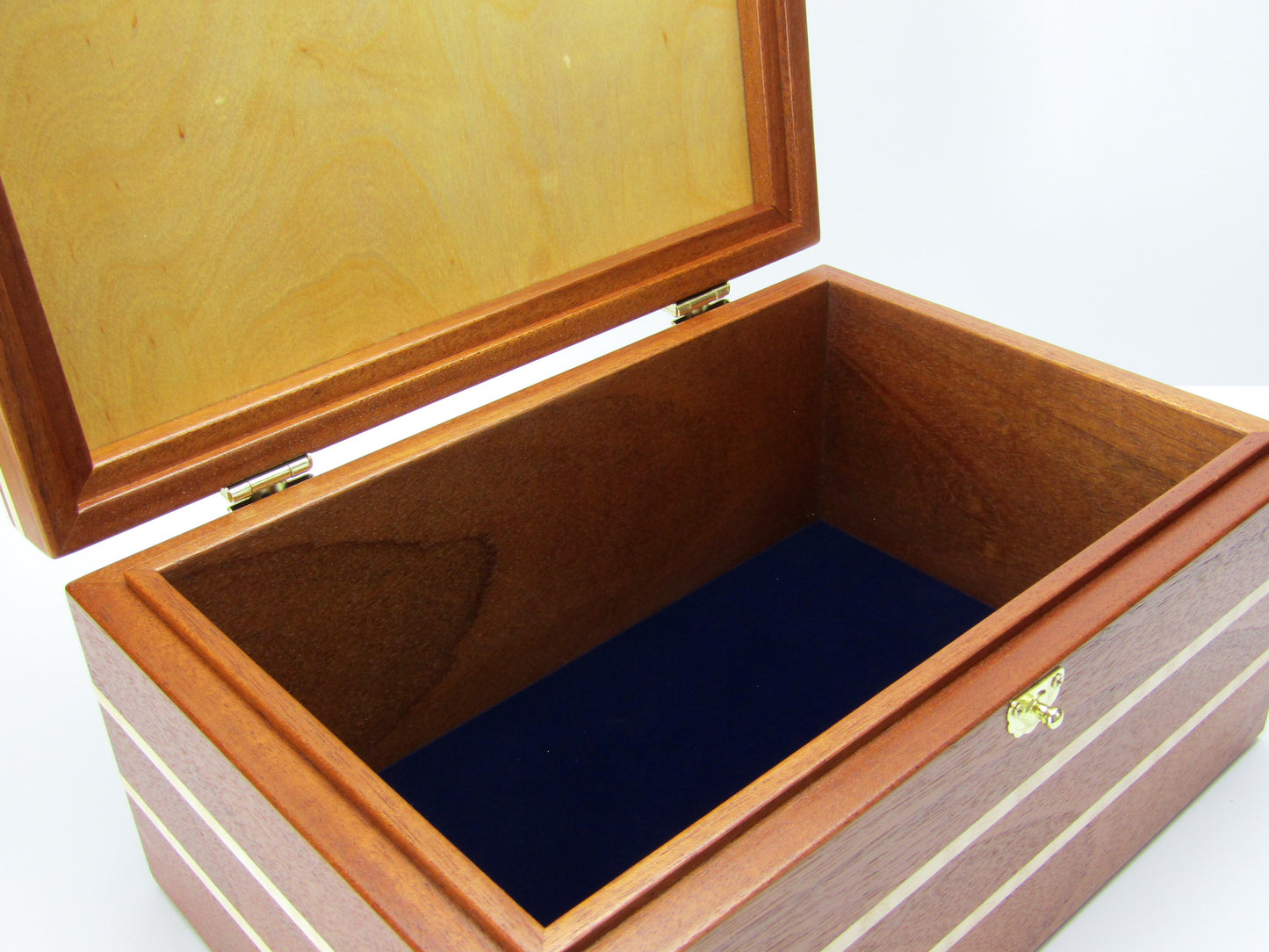 Interior view of large memory box handmade from Honduran mahogany with curly maple inlays by A Finer Cut Woodworking.