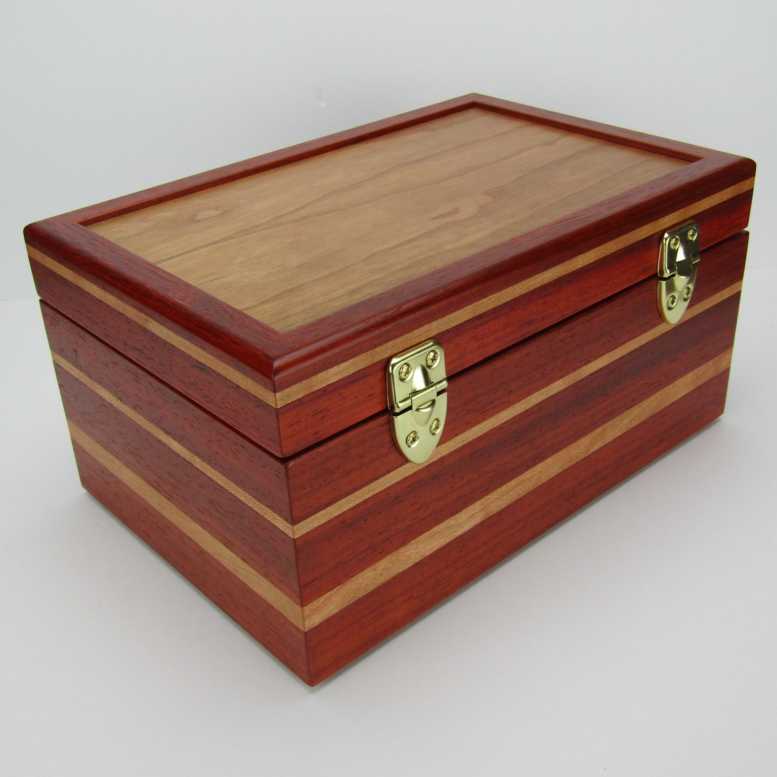 >Back view of large memory box handmade from padauk and cherry wood by A Finer Cut Woodworking.