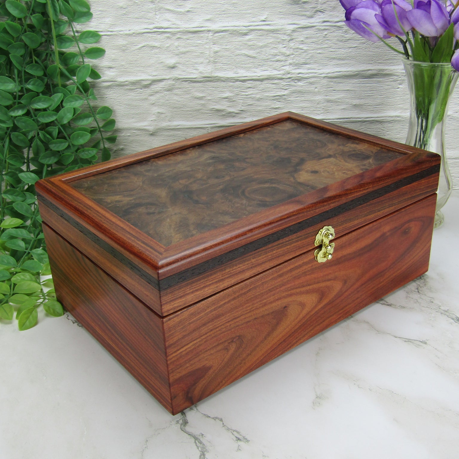 >Thumbnail of unique memorial box handcrafted from Bolivian rosewood, wenge, and walnut burl veneer by A Finer Cut Woodworking. 