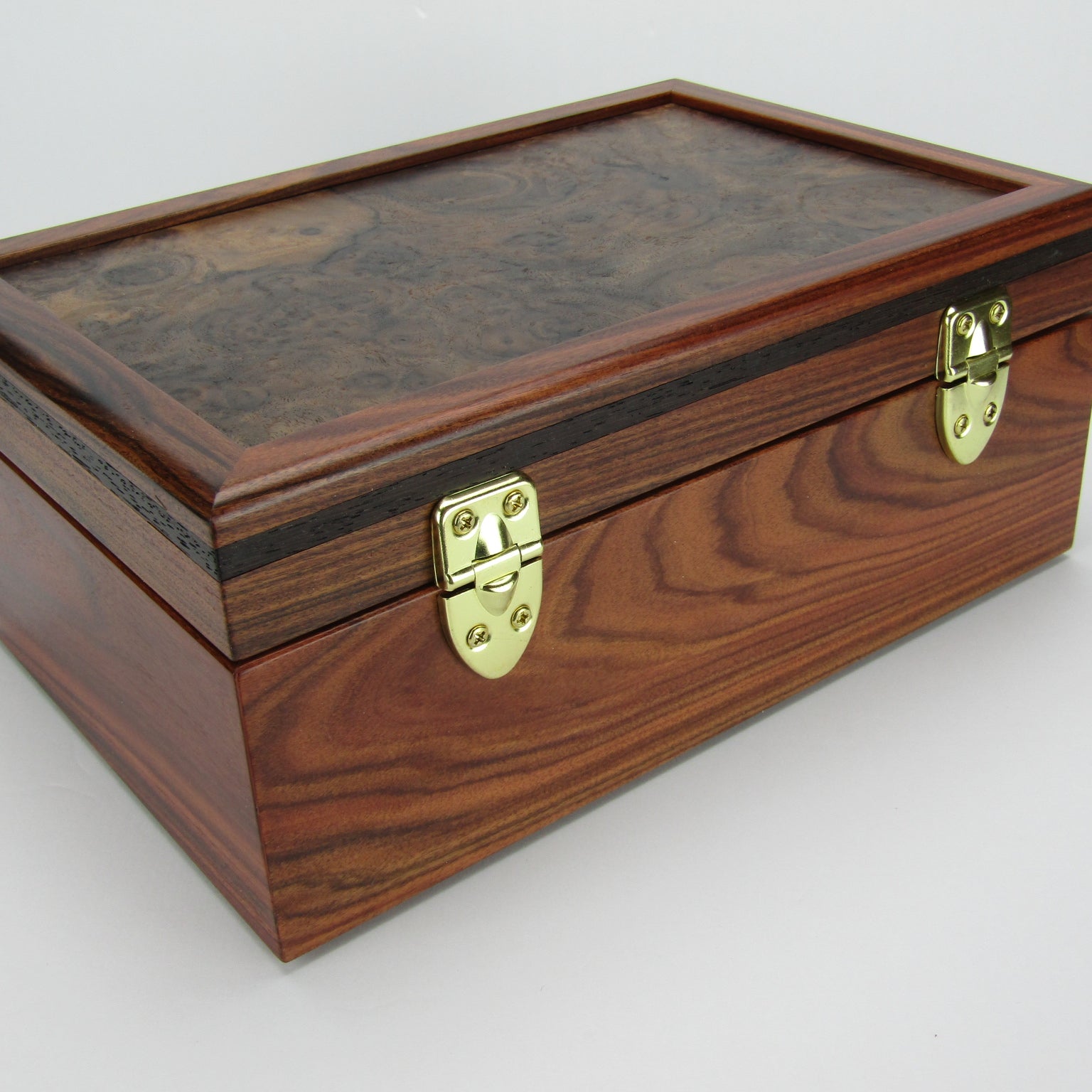 >Back view of unique memorial box handcrafted from Bolivian rosewood, wenge, and walnut burl veneer by A Finer Cut Woodworking. 