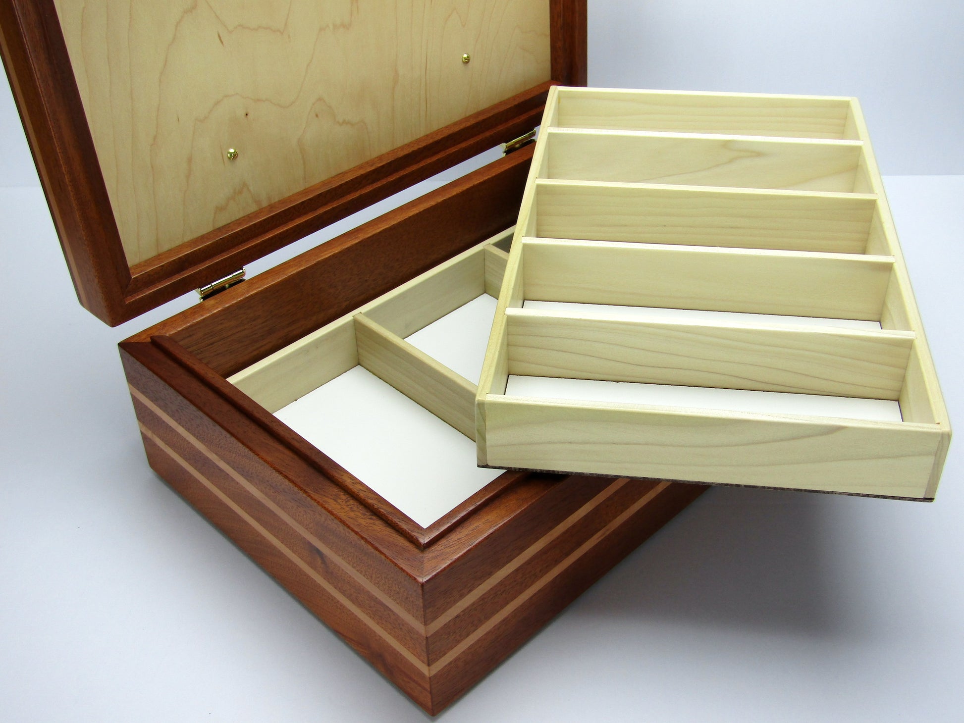 Divided trays for memorial box handcrafted from cherry, mahogany and wenge wood by A Finer Cut Woodworking. 