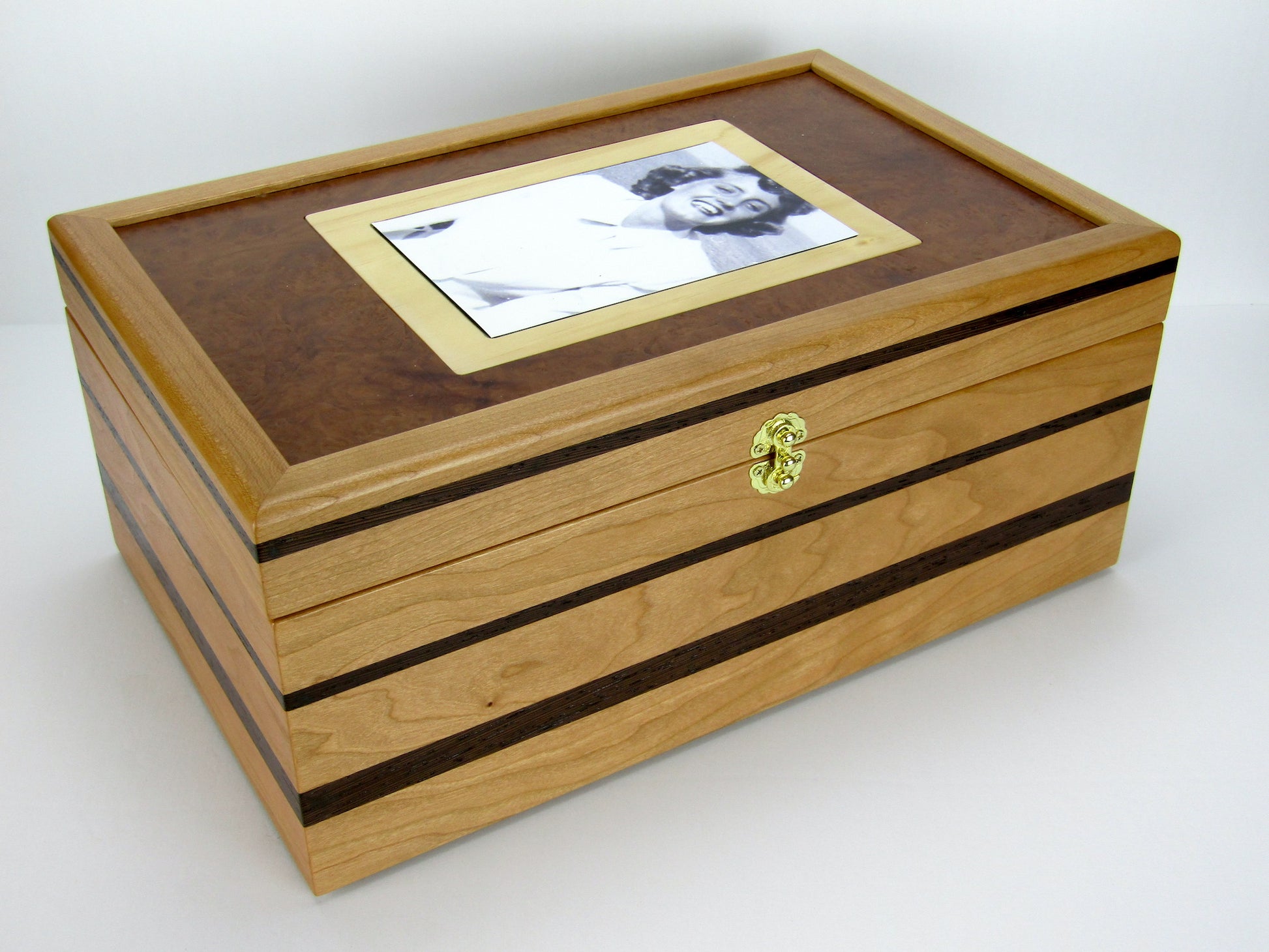 Front view of memorial box handcrafted from cherry, mahogany and wenge wood by A Finer Cut Woodworking. 