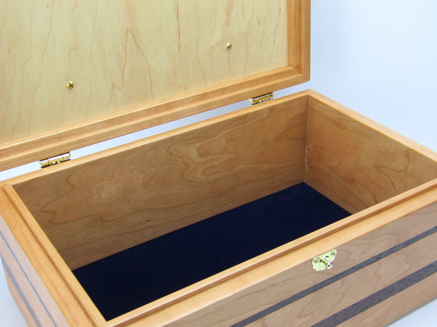 Interior view of memorial box handcrafted from cherry, mahogany and wenge wood by A Finer Cut Woodworking. 