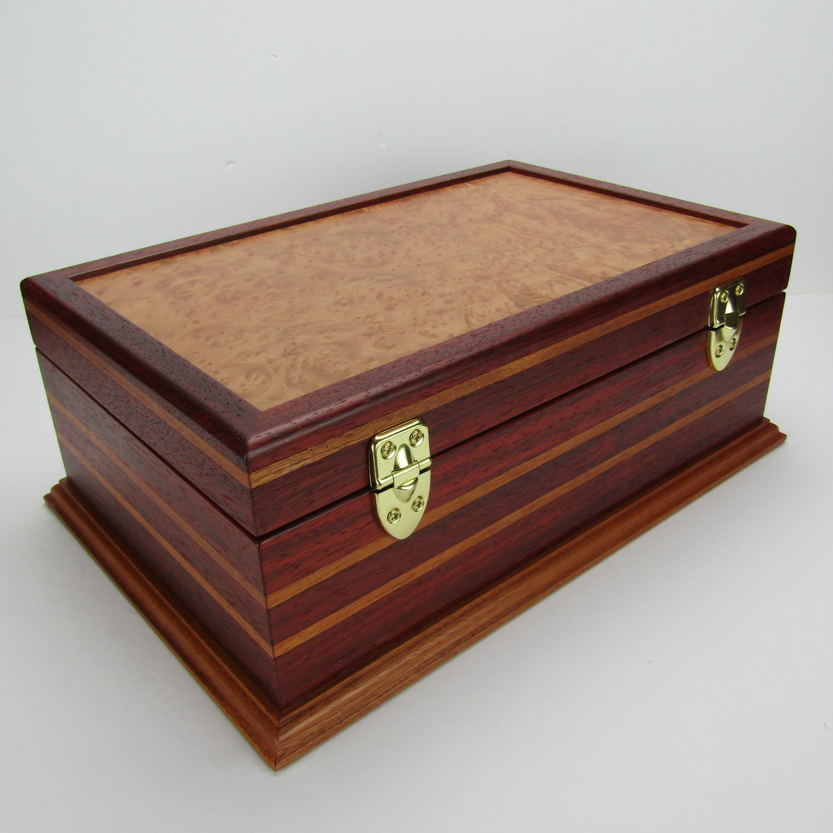 Back view of unique memorial keepsake box handmade from padauk, mahogany, and maple burl veneer  by A Finer Cut Woodworking.