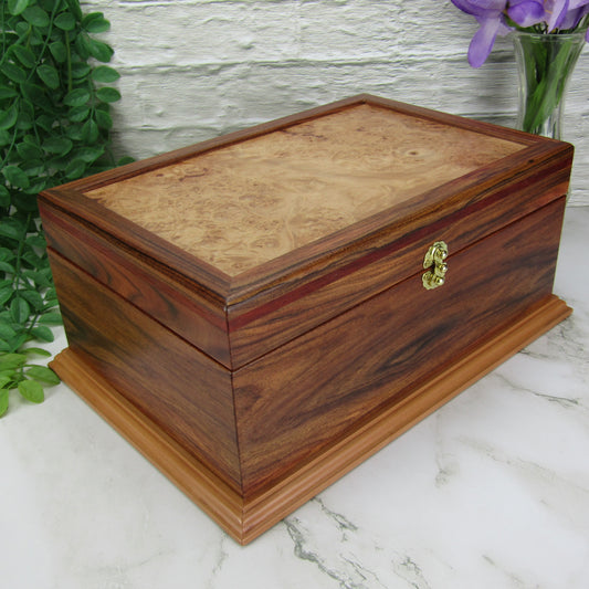 Thumbnail of unique memorial keepsake box handmade from Bolivian rosewood and padauk by A Finer Cut Woodworking.
