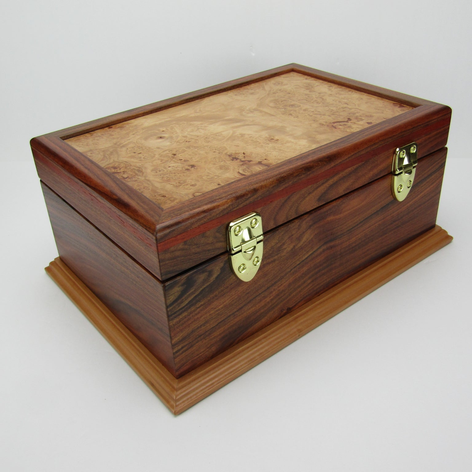 Back view of unique memorial keepsake box handmade from Bolivian rosewood and padauk by A Finer Cut Woodworking.