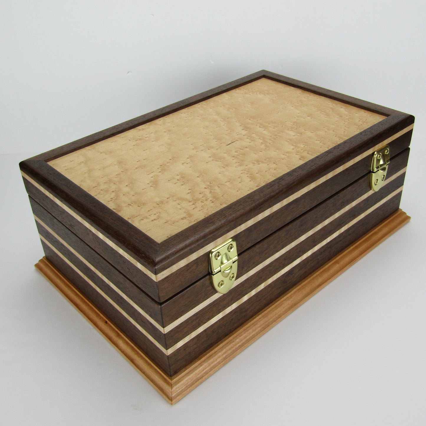 Back view of unique memorial keepsake box handmade from Peruvian walnut, curly maple, cherry, and bird's eye maple veneer  by A Finer Cut Woodworking.
