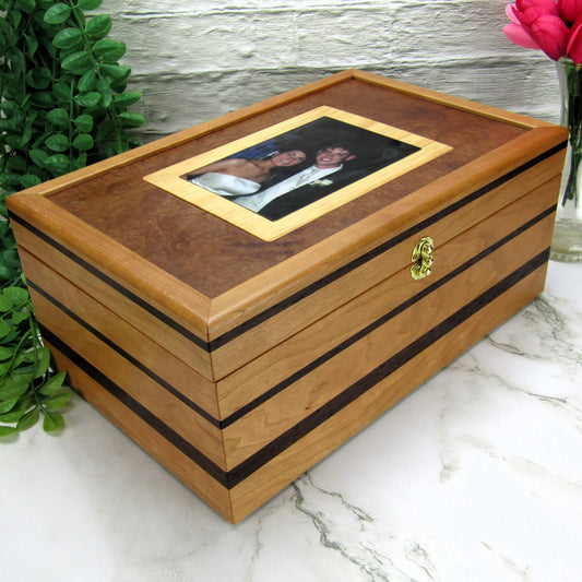 Thumbnail of memory box handcrafted from cherry, wenge, and mahogany burl veneer by A Finer Cut Woodworking. 