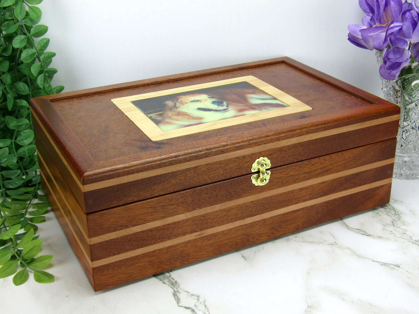 Thumbnail of pet memorial box handmade from Honduran mahogany and pear wood by A Finer Cut Woodwork.