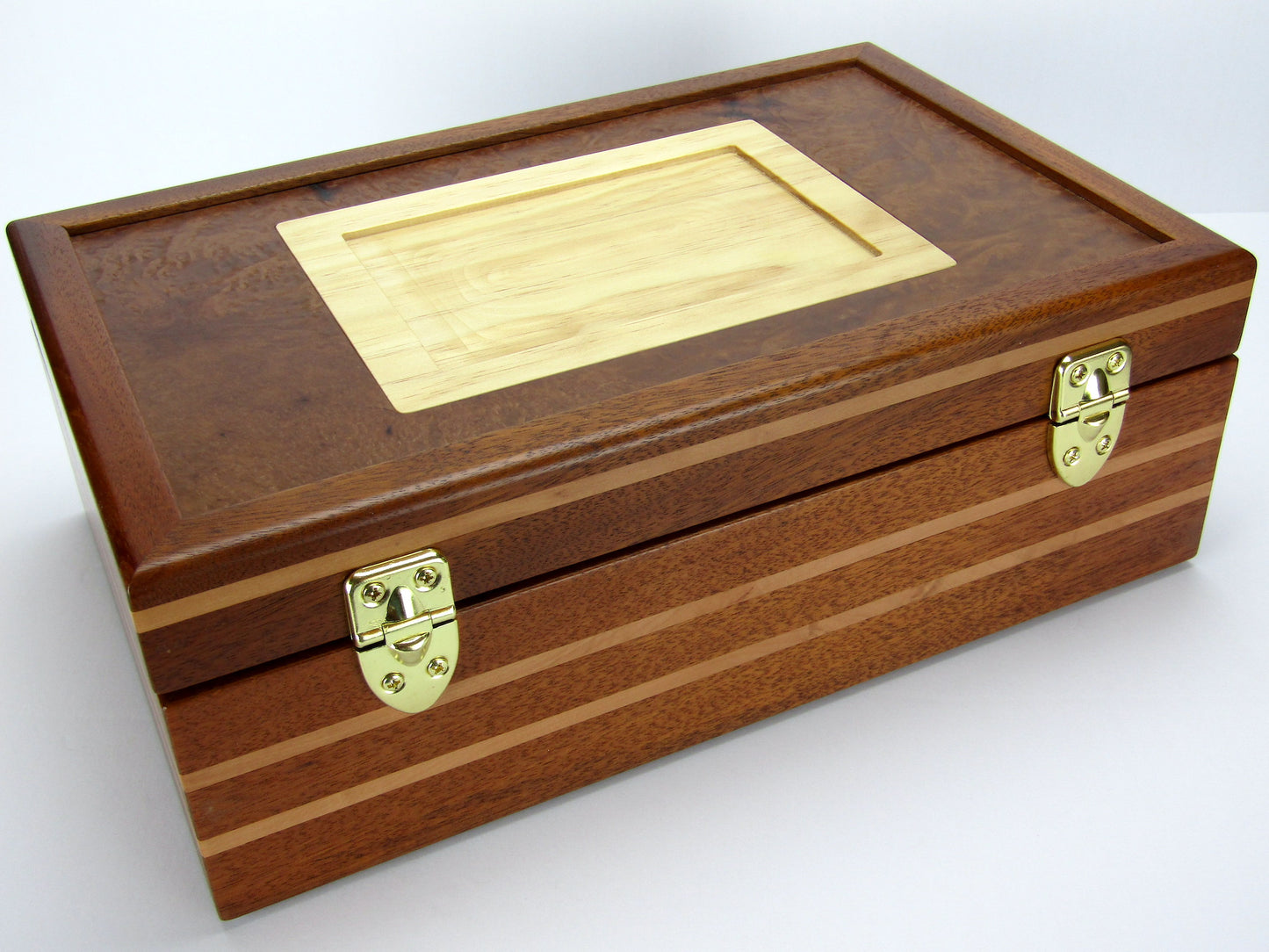 Back view of pet memorial box handmade from Honduran mahogany and pear wood by A Finer Cut Woodwork.