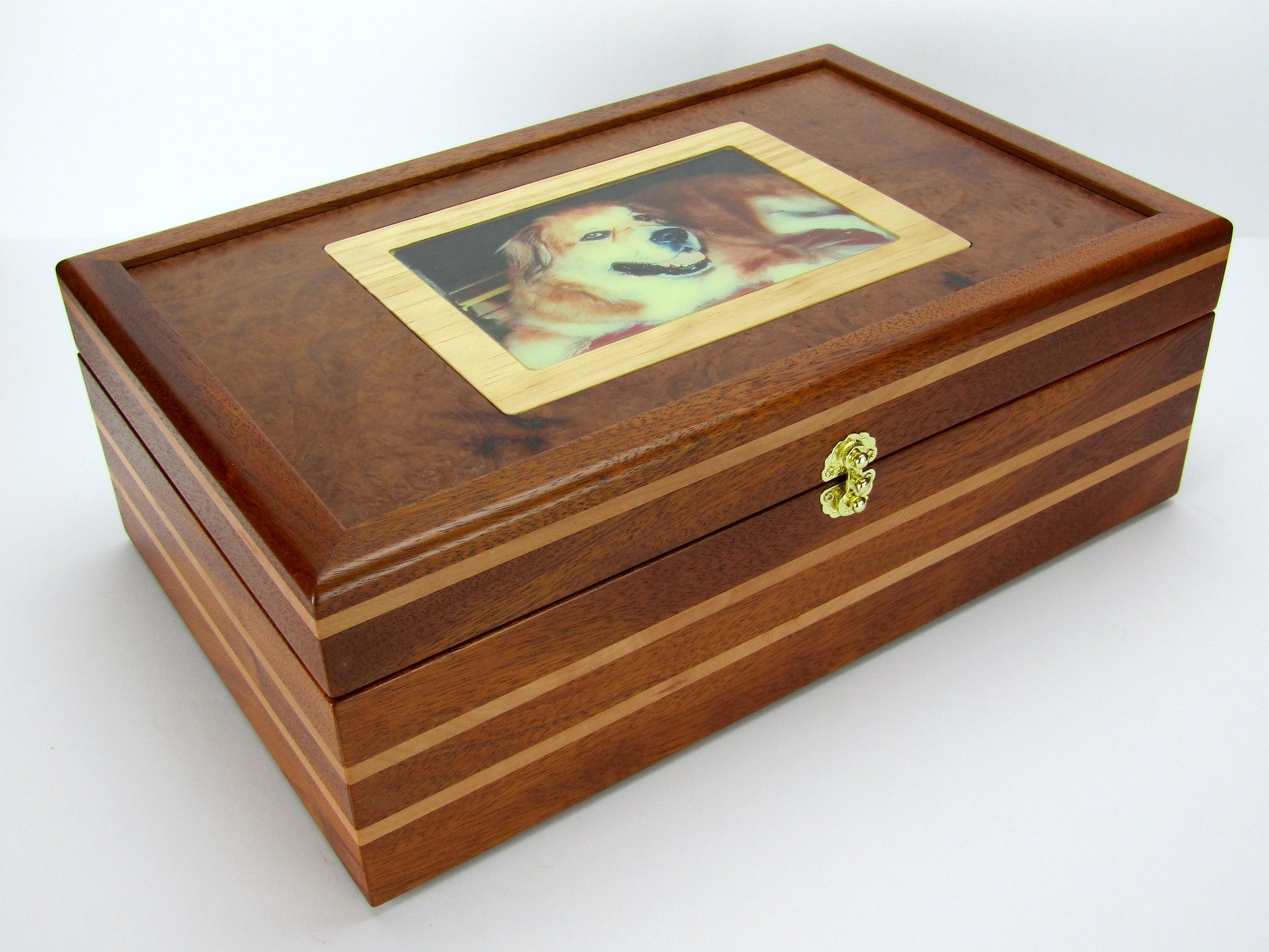 Front view of pet memorial box handmade from Honduran mahogany and pear wood by A Finer Cut Woodwork.