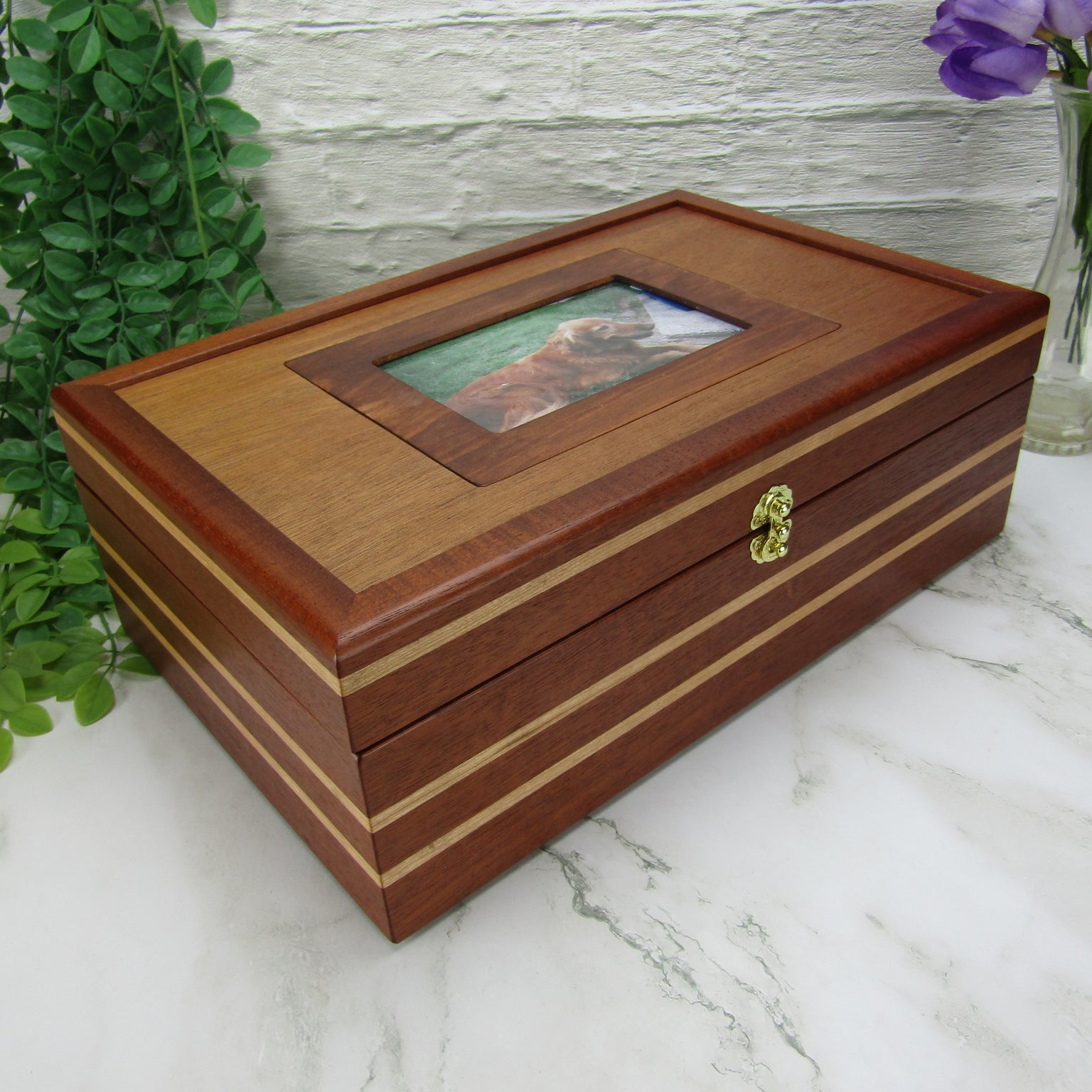 Thumbnail of pet memory box with photo lid handmade from Honduran mahogany and cherry by A Finer Cut Woodworking