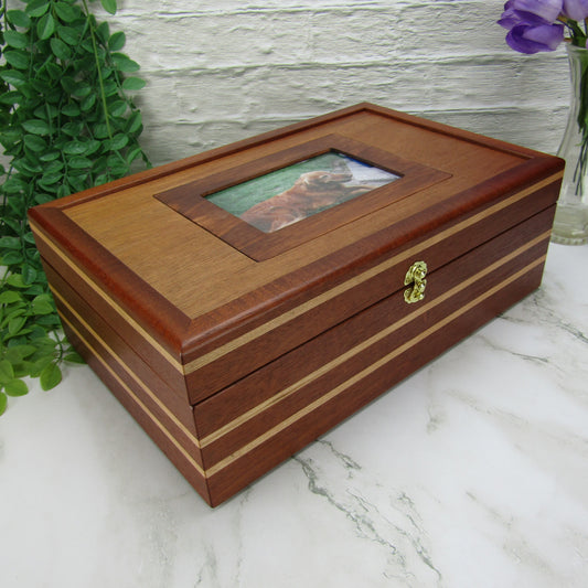 Thumbnail of pet memory box with photo lid handmade from Honduran mahogany and cherry by A Finer Cut Woodworking