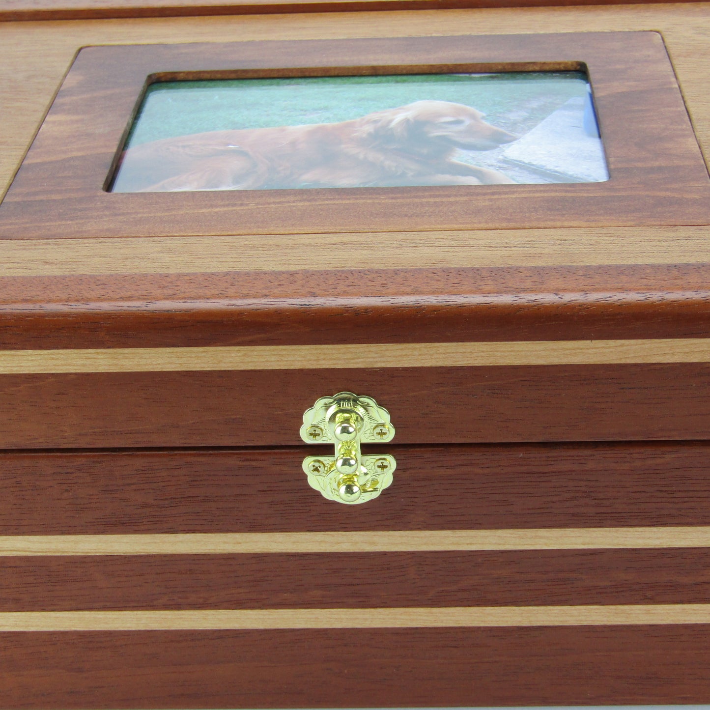 Front view of pet memory box with photo lid handmade from Honduran mahogany and cherry by A Finer Cut Woodworking