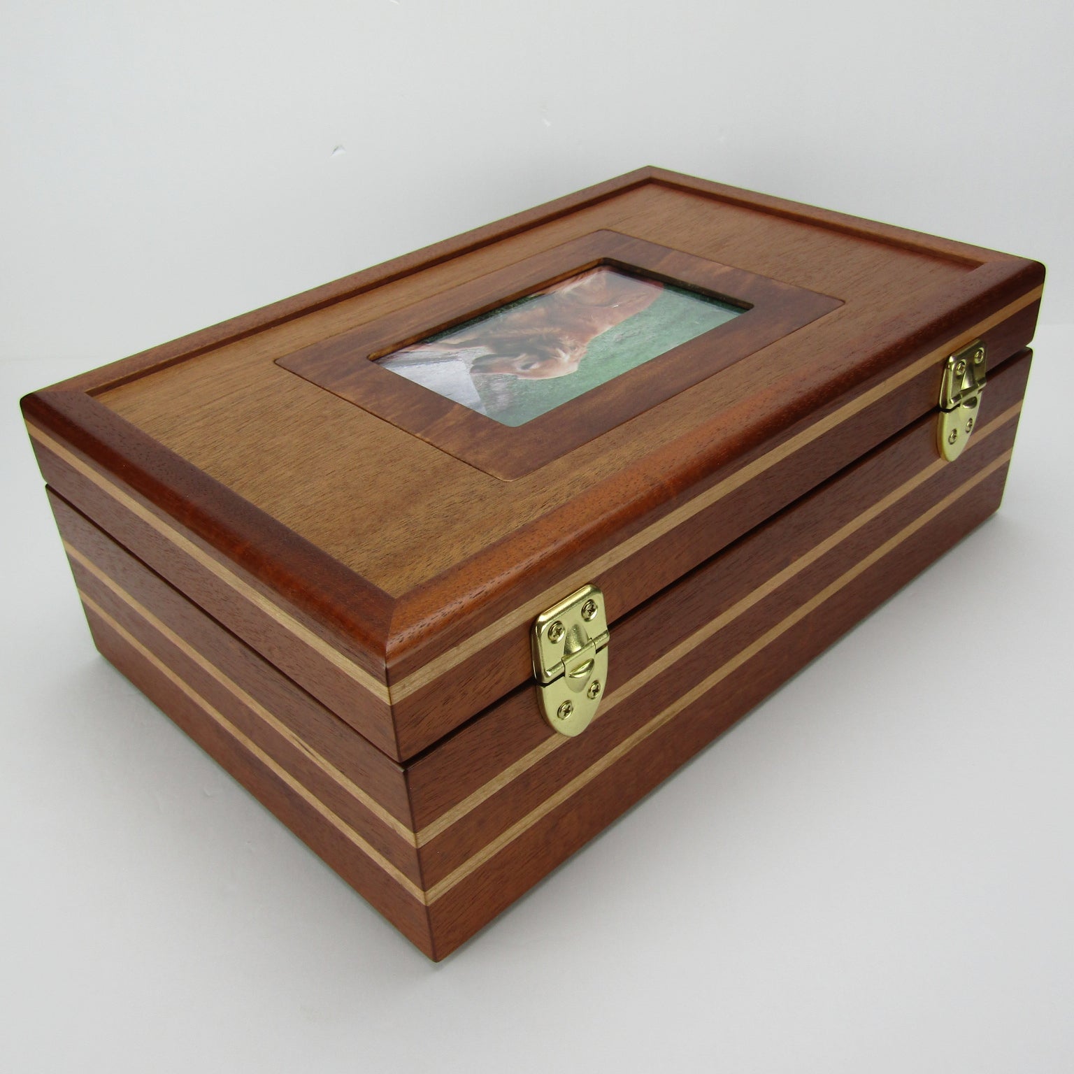 Back view of pet memory box with photo lid handmade from Honduran mahogany and cherry by A Finer Cut Woodworking 