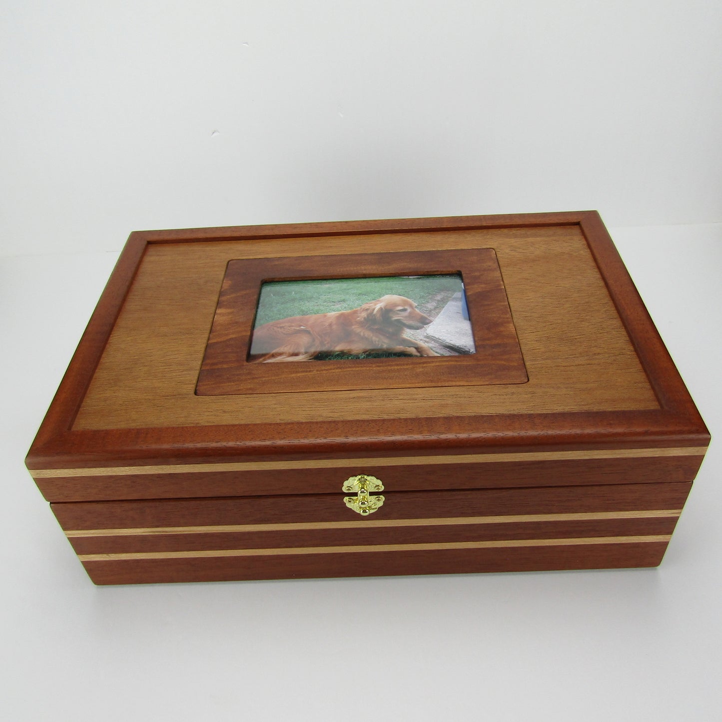 Top view of pet memory box with photo lid handmade from Honduran mahogany and cherry by A Finer Cut Woodworking