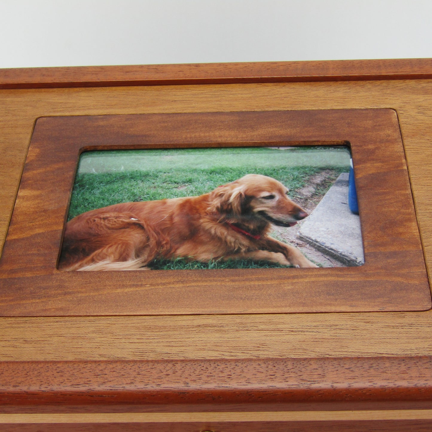 Lid detail on pet memory box with photo lid handmade from Honduran mahogany and cherry by A Finer Cut Woodworking